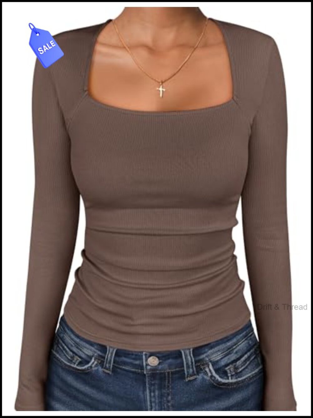 ANRABESS Long Sleeve Ribbed Square Neck Skinny Fit T-Shirt